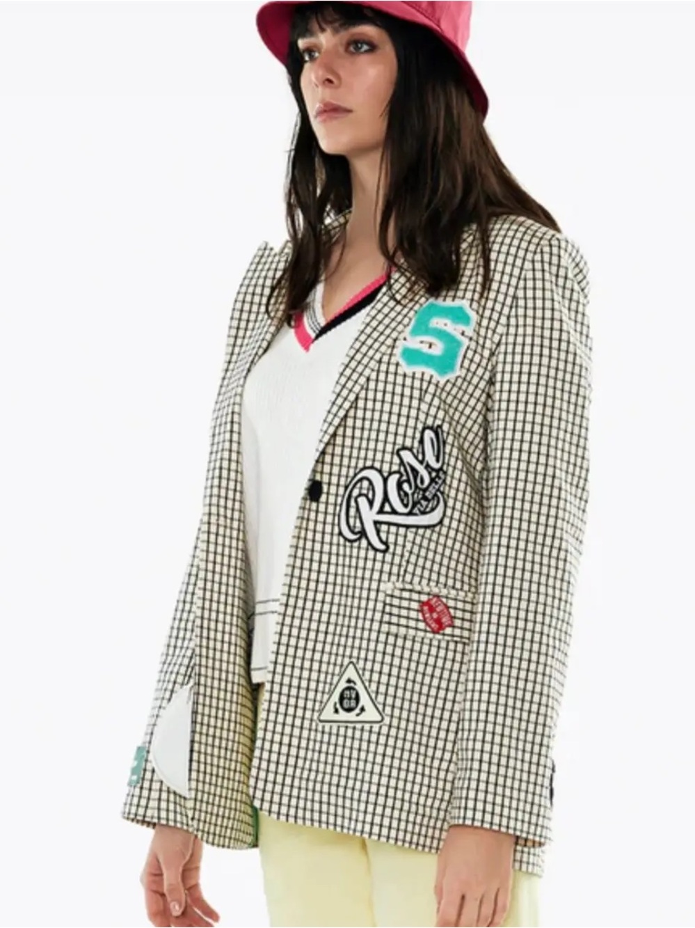 VDR Via Delle Rose Plaid Checkered Patch Italian Graphic Blazer Jacket Small